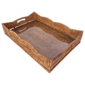 Artifacts Rattan™ Scallop Rectangular Tray with Glass Insert, Honey Brown