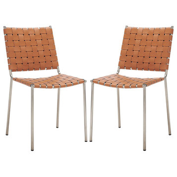 Set of 2 Armless Dining Chair, Metal Base With Woven Leather Upholstered Seat