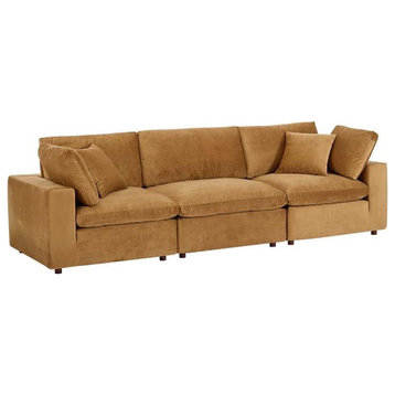 Modway Commix 3-Seater Down Filled Performance Velvet Sofa in Cognac Brown