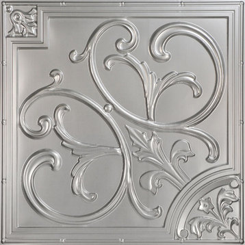 Lillies and Swirls, Faux Tin Ceiling Tile, Silver, 24"x24"