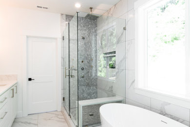 Example of a large master porcelain tile and white floor corner shower design in Portland with a hot tub and a hinged shower door