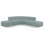 Meridian Furniture - Arc Vegan Leather Upholstered 6-Pc. L-Shaped Modular Sectional, Green - Unleash modern opulence with the Arc Vegan Leather 6pc. Sectional. Crafted for the modern connoisseur, this Sectional injects an air of refined luxury into any space. Its sleek silhouette, upholstered in supple mint green vegan leather, exudes timeless sophistication while the deep channel tufting adds textural intrigue, further elevating the chair's visual appeal. The modular design makes it a versatile chameleon, effortlessly adapting to your evolving needs and preferences. Whether you envision it gracing a chic living room corner, basking in the glow of a bedroom window, or adding a touch of drama to a home office, the Arc seamlessly complements your unique interior aesthetic.