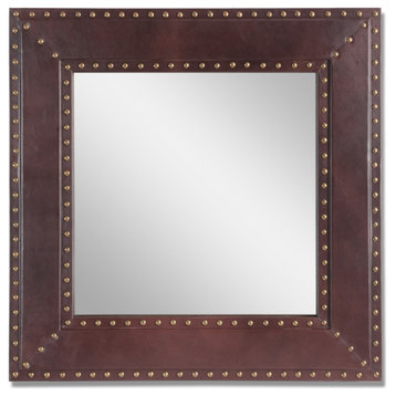 Dodds Chamlee Handcrafted Boho Studded Leather Square Wall Mirror, Dark Brown