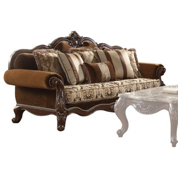 Acme Jardena Sofa With 6 Pillows Fabric and Cherry Oak