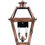Primo Lighting - Orleans Electric Lantern, Aged Copper, 18" - This 15 inch solid copper lantern features classic New Orleans styling with top and bottom tempered glass. Electric version has  one 60 watt candelabra. ETL Certified.