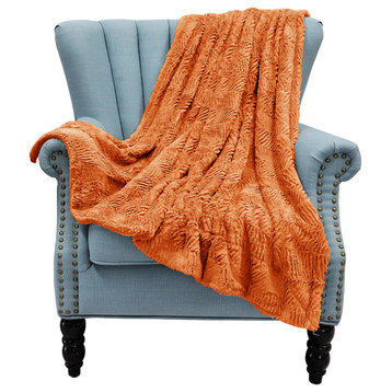 Herringbone Jumbo Over-Size Faux Fur Throw Blanket, Burnt Orange, 60"x80"