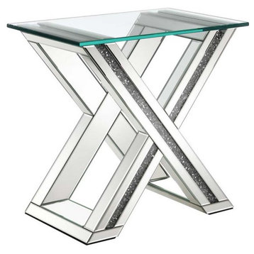 Elegant End Table, X-Base With Acrylic Rhinestone Encrusted Accents & Glass Top