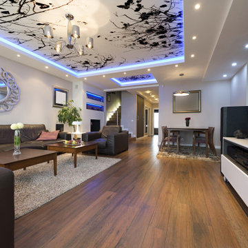 Living room ceiling design with perimeter LED lighting