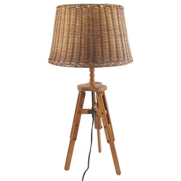 Rattan Style Table Lamp With Wooden Tripod and Bamboo Shade