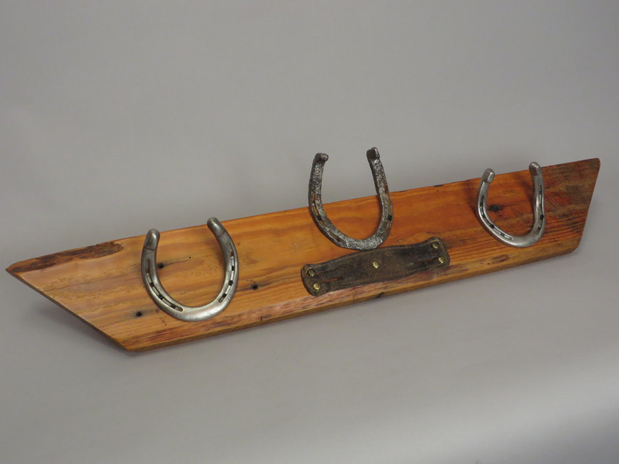 #R15067 Coat Rack Reclaimed Pine, horseshoes, leather.