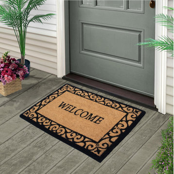 Welcome doormat Floral Border Design 28'' x 18'' Outdoor Doormat & Coirmat, Black/Coir