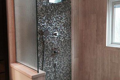 Mid-sized transitional master travertine floor and beige floor bathroom photo in Other with shaker cabinets, brown cabinets, beige walls, an undermount sink and quartz countertops