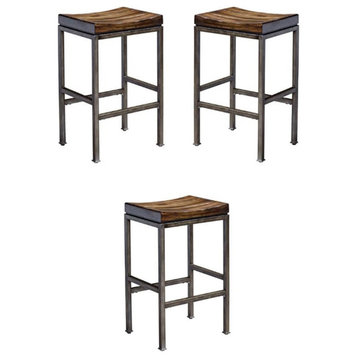 Home Square 30" Bar Stool in Dark Walnut and Brushed Steel - Set of 3