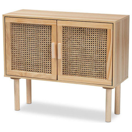 Rattan and Natural Brown Finished Wood 2-Door Sideboard Buffet