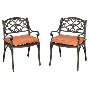 Set of 2 Outdoor Dining Chair, Cushioned Seat & Unique Scrolled Back, Bronze
