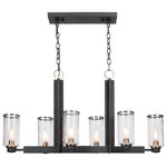 Uttermost - Jarsdel, 6-Light Island - Refined industrial with clean lines on our 6 Lt. island features a sanded black finish on the I-beam style frame with refined antique brass accents and clear meteor shower glass shades. With 6-60 watt, max Edison sockets and includes 6-40 watt T10, clear bulbs. Supplied with 20' wire and 7' chain for adjustable installation.