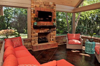 Large tuscan ceramic tile sunroom photo in Louisville with a standard fireplace, a stone fireplace and a standard ceiling