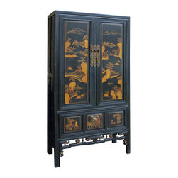 Chinese Black Fujian Golden Mountain Water Graphic Tall Armoire Cabinet - Armoires And Wardrobes