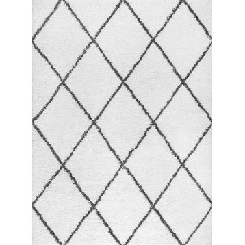 Mira Contemporary Shag Diamond White Rectangle Area Rug, 8' x 10'