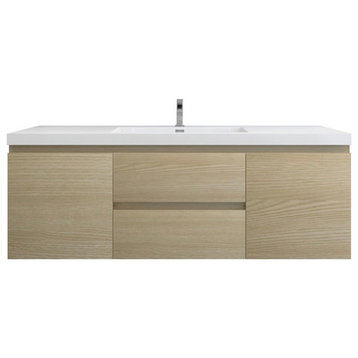 BTO 60" Wall Mounted Bath Vanity With Reinforced Acrylic Sink, Single Sink, White Oak