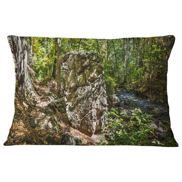 Huge Rock in Black River Shore Landscape Printed Throw Pillow, 12"x20"