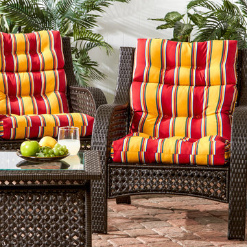Woven Wicker Chairs with Festive Stripe Cushions