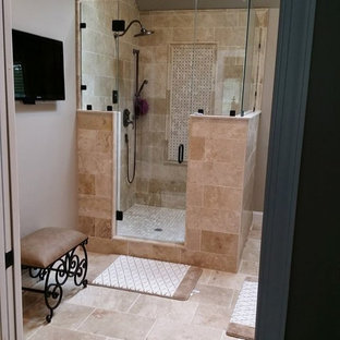 Corner shower - mid-sized contemporary master beige tile and stone tile ceramic floor and gray floor corner shower idea in Philadelphia with gray walls