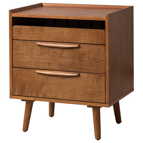 Mid-Century Modern 3-Drawer Nightstand With Charging Station, Acorn