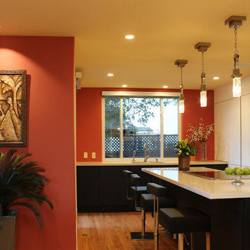 Cupertino kitchen in carbon oak and gloss white cabinets