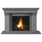 Omega Mantels of Stone - Fireplace Stone Mantel 1147.556 With Filler Panels, Gray, With Hearth Pad - The soft curve and clean line of this cast stone mantel meld stylishly together. Combined with our designer legs this mantel makes a classic fireplace for your home. Minimalistic in design these squared column legs support ultra modern to elegant styles. The simplicity of the design effortlessly provides great visual impact in your home.