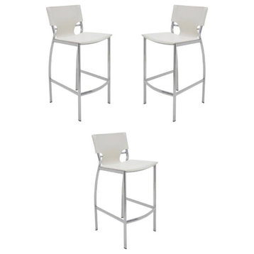 Home Square Lisbon 28" Leather Bar Stool in White and Silver - Set of 3