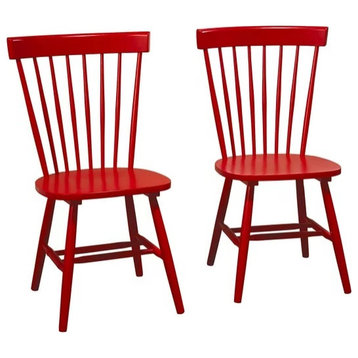 Set of 2 Dining Chair, Sturdy Rubberwood Frame With Spindle Slatted Back, Red