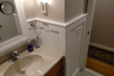 Bathroom: remove old ceramic tile, install beadboard wainscot over demoed area.