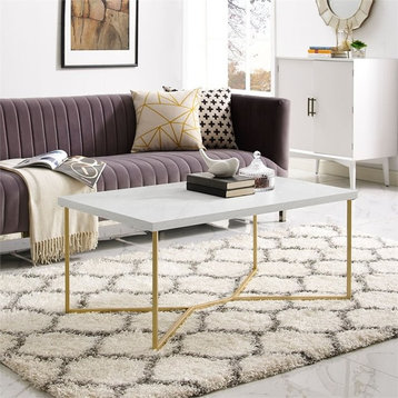 Pemberly Row Rectangle Coffee Table in White Faux Marble and Gold