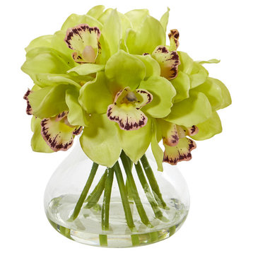 Cymbidium Orchid Artificial Arrangement in Glass Vase, Green