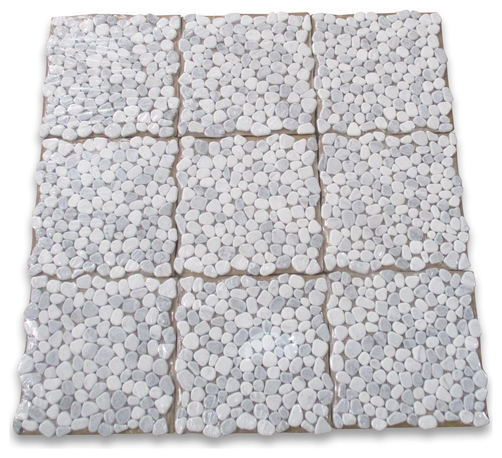 Carrara White Bardiglio Grey Marble Pebble Stone Nonslip Shower Tile, 1 sheet