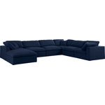 Meridian Furniture - Serene Linen Textured Fabric Deluxe Comfort 7-Piece U-Shaped Sectional, Navy - There's lots to love about the Serene linen textured deluxe cloud-like comfort modular collection, and this seven-piece set is not an exception. The soft navy linen textured fabric is cozy and sleek to the touch while the overstuffed down/feather cushions provide gentle support so you can relax and unwind like a VIP. Customize your seating with this modular set by adding the pieces you like most. Latches under each piece make it easy to snap them into position for a look that's modern yet welcoming.