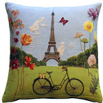 Pillow Decor Ltd. - Pillow Decor - Eiffel Tower in Spring Tapestry Throw Pillow - From bicycles to butterflies, this colorful French tapestry throw pillow is full of 'joie de vivre'. The Eiffel Tower figures prominently behind sweeping lawns and trees in the midground and an assortment of Spring flowers in the foreground.