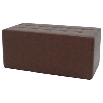 Modern Rectangular Ottoman, Distressed Faux Leather With Tufted Top, Walnut