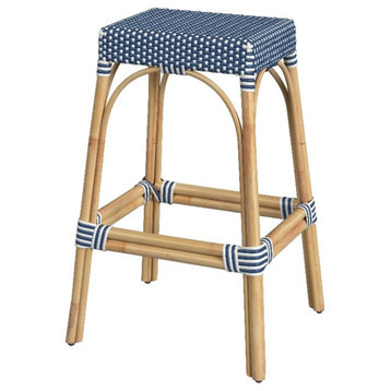 Home Square Rattan Backless Barstool in Sky Blue and White - Set of 2