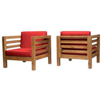 Louise Outdoor Acacia Wood Club Chairs With Cushions, Set of 2, Red
