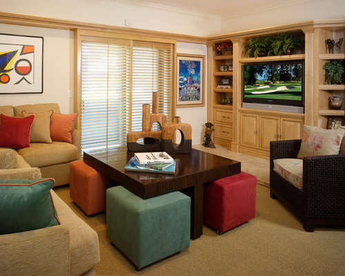 Eclectic Media Room Newark Large southwest enclosed family room photo in Newark with black walls, porcelain floors and a