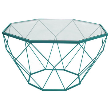 LeisureMod Malibu Modern Geometric Glass Top Coffee Table, Blue