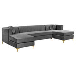 Meridian Furniture - Graham Velvet 3pc. Sectional, Gray - Sit back and get comfy on this Gray velvet Graham three-piece sectional sofa. Plush Gray velvet with a channel tufted back creates a contemporary display that is sure to be the focal point of your living room. This double chaise sectional features an inner width of 25 inches and outer width of 32 inches, with a width of 67 inches between both chaises, offering ample space for you and your loved ones to cuddle up and watch a movie after a long day. This sectional comes with complete sets of gold and chrome legs, so you can customize it to suit your existing decor.