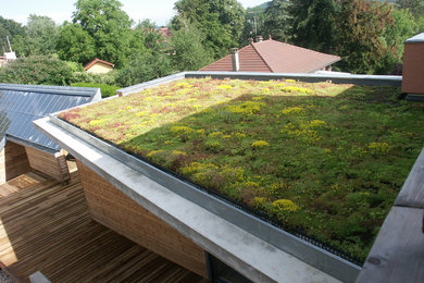 Diseño de terraza contemporánea pequeña en azotea y anexo de casas