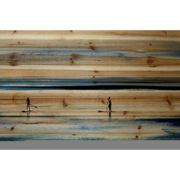 "Surfboard Paddling" Print on Natural Pine Wood, 36"x24"