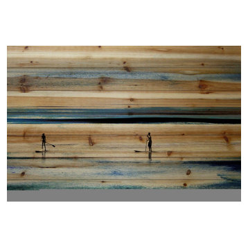 "Surfboard Paddling" Print on Natural Pine Wood, 36"x24"