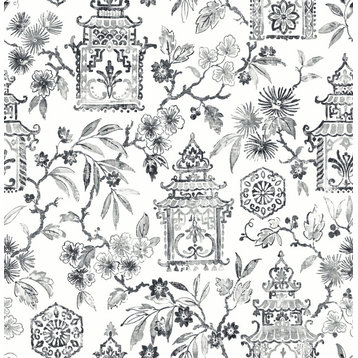 Helaine Charcoal Pagoda Wallpaper Sample
