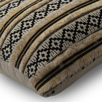 Black Beige Cotton 12"x26" Oblong Chair Pillow Strip Woven Lace - Moroccan Dream