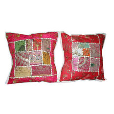 Mogul Interior - Red Pink Patchwork Embroidered Sari Throw Pillow Shams 16", Set of 2 - Decorative Pillows